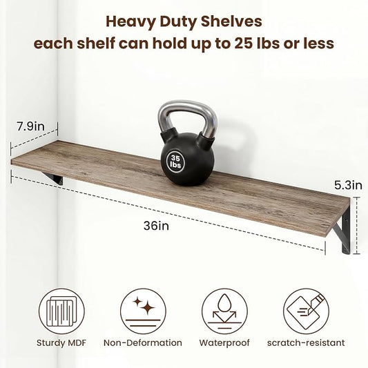 Axeman 36 Inch Floating Shelves | 8 Inch Deep Grey Wall Shelves Set of 2 | 36''W x 8''D Rustic Grey Wood Shelves for Bathroom Living Room Bedroom Kitchen