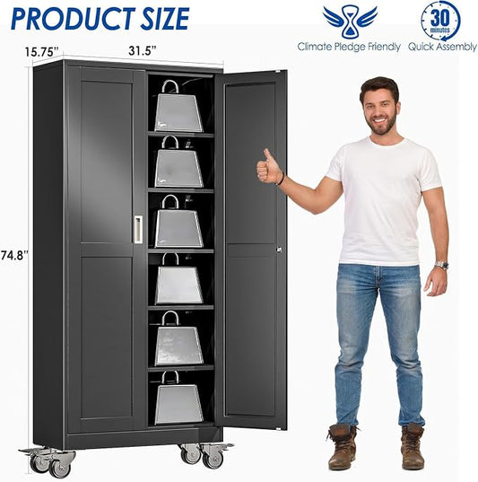 GAIOUS Metal Garage Storage Cabinet with Lock, Steel Tool Cabinet with 2 Doors and 5 Adjustable Shelves, 75” Tall Lockable File Cabinet with Wheels, Organization for Home Office Garage Gym - Black