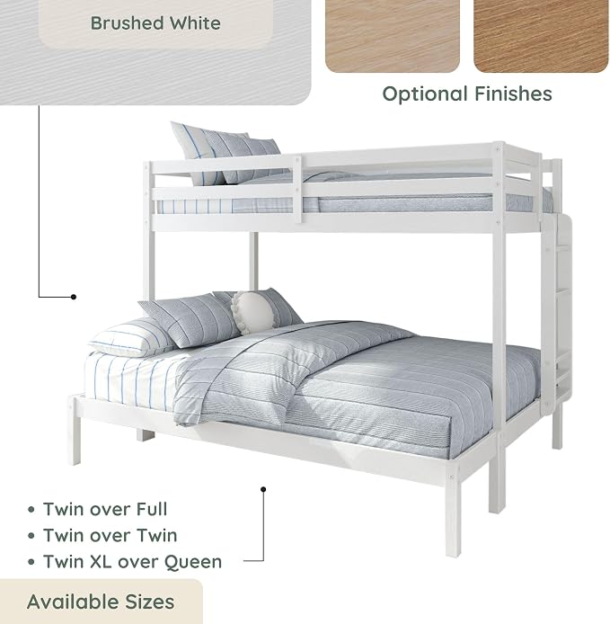 Grain & Grove Bear Twin XL Over Queen Bunk Bed, Sturdy Bunk Bed Frame for Kids, Plywood Bunk with Ladder, Guardrail, and Slats, No Box Spring Required, Brushed White