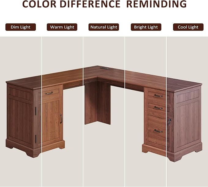 Whalefall 67'' Farmhouse L-Shaped Desk with Drawers for Home Office, Brown | Computer Corner Desk with File Cabinet and Charging Station, Large Executive L Desk with Locking Drawers Storage