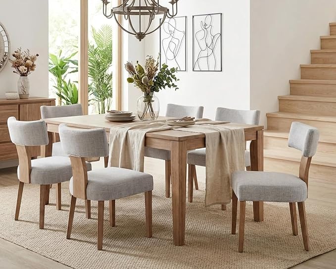 HNY Set of 6 Mid Century Modern Dining Chairs, Farmhouse Linen Fabric Upholstered Accent Chair Curved Backrest Kitchen Chairs, with Hardwood Frame, Grey, 6PC