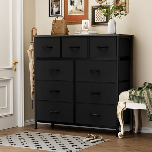 Sweetcrispy 9-Drawer Fabric Dresser Storage Tower with Wood Top and Steel Frame, Organizer Chest with Easy Pull Handles for Bedroom, Closet, Hallway,Classic Black