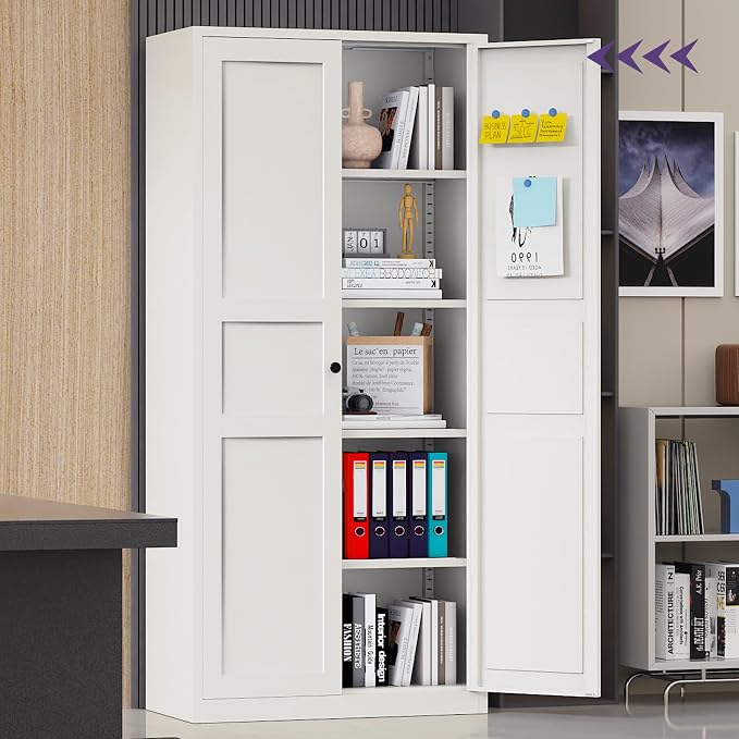 71"Kitchen Pantry Cabinet,White Metal Pantry Cabinet with 2 Doors & 4 Adjustable Shelves,Pantry Cabinets with Gold/Black Handles,Kitchen Cabinet for Dinging Room,Living Room,Assembly Required
