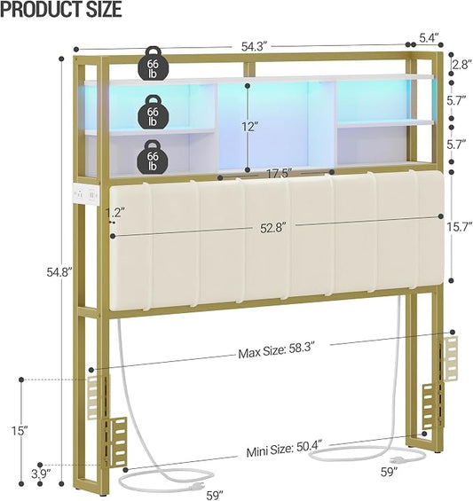 Hzuaneri Headboard with 3-Tier Storage Shelves, Velvet Upholstered Head Board with 2 Outlets, USB Ports & LED Light, Soft Backrest for Full Size Bed, White and Gold BH13803A