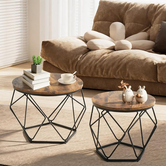 DUMOS Modern Geometric Coffee Table Set of 2, Round Nesting Side Tables with Hidden Storage, Movable End Tables for Living Room Office Decor & Practical Use Brown