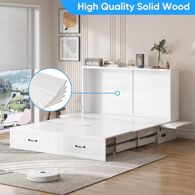 PUREMIND Queen Murphy Bed, Solid Wood Multi-Functional Cabinet Bed with Storage Drawer, USB Charging Ports and Folding Tray, Space Saving Hideaway Murphy Beds Cabinet for Guest Room, No Mattress