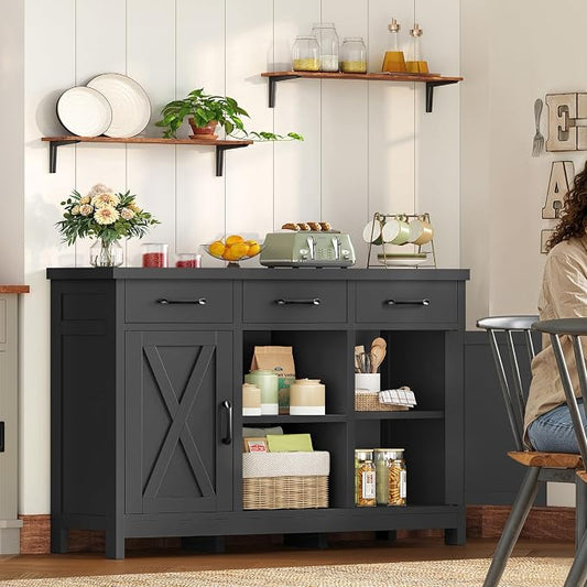 TEENFON Storage Cabinet, Coffee Bar Cabinet with 3 Drawers, 2 Adjustable Shelves & 2 Doors, Buffet Cabinet, Kitchen Cabinet for Kitchen, Dining Room, Living Room, Black
