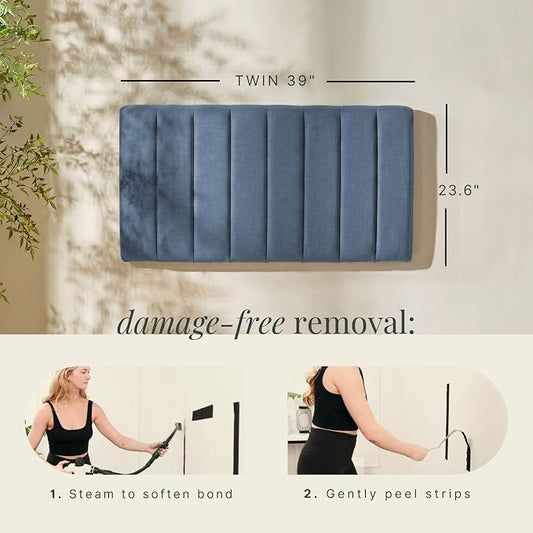 Hearth & Harbor Wall Mounted Twin Headboard Only, Bed Headboard Twin Size | Easy Assemble, Floating Peel and Stick, Upholstered, Channel Stitched, 3D Wall Panels, 5 Strips of 3M Tape Included, Blue