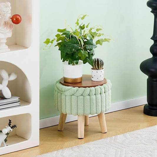 Wimarsbon Storage Ottoman, Modern Round Footrest with Soft Padded Seat, Teddy Velvet Footstool with Wood Legs, Accent Small Table or Plant Stand for Hallway, Living Room (Light Green)