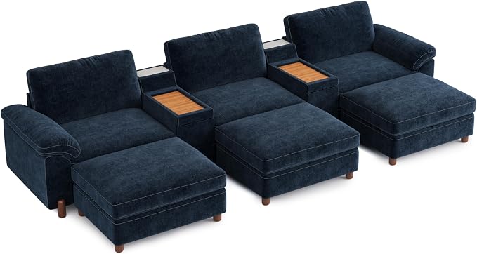 SITJOY Large Cloud Couch, 146" Wide 3 Seater Bed with Console, Navy Blue | Detachable and Washable Chenille Cover Sectional Sofas for Living Room, Deep Seat Wide Couch with Chaise, Storage Ottoman