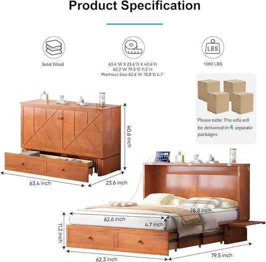 PUREMIND Murphy Bed Queen with Mattress Included, Multi-Functional Hideaway Cabinet Bed with 2 Storage Drawers, USB Charging Ports & Headboard, Space-Saving Chest Wallbed Beds for Guest Room, Cherry