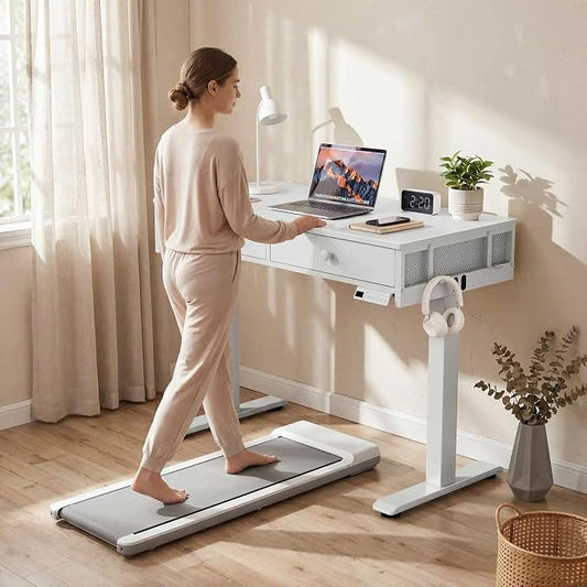 KLUVIS White Electric Standing Desk with Drawers, 39 Inch Small Adjustable Desk with Storage, Sit Stand Computer Study Writing Desks for Small Space Home Office, Stand Up Work Desks for Walking Pad