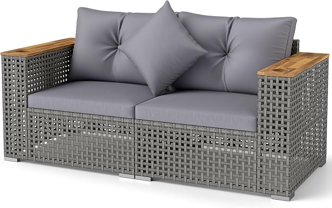 Tangkula 62.5" Large Patio Wicker Loveseat with Acacia Wood Armrests & Cup Holders, Outdoor 2-Piece Rattan Corner Sofa with Cushions, Sectional Conversation Set for Garden Backyard Porch Balcony, Grey