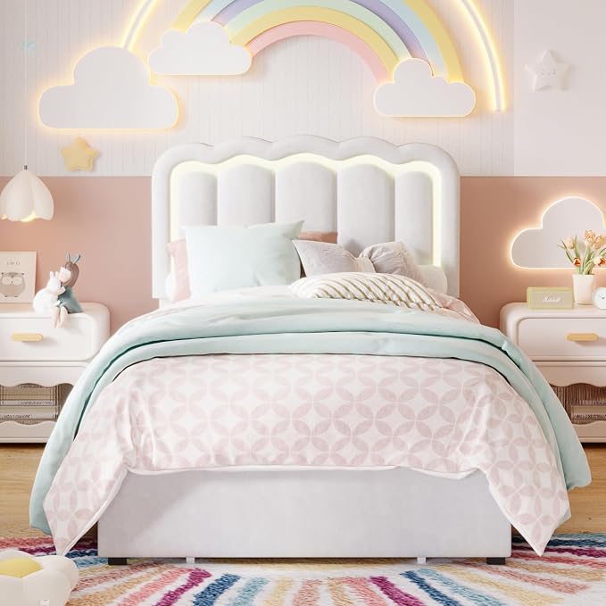 SHA CERLIN Upholstered Twin Size Bed Frame with LED Lights and Large Storage Drawer, Velvet Platform Bed with Adjustable Wavy Headboard, Noise Free, Easy Assembly, No Box Spring Needed, Soft White