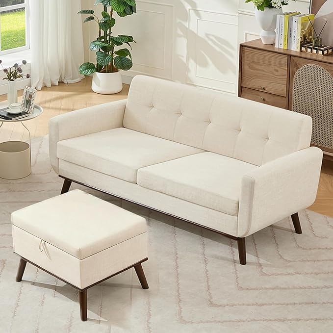 Kingfun Living Room Furniture Sets, Standard & Ottoman, Mid Century Modern Decor Sofa Couches, Button Tufted Upholstered Furniture, Beige | linen fabric