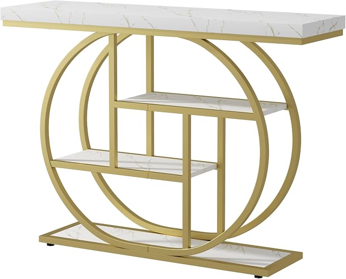 Shintenchi 41.3” Console Table with Storage, Industrial Entryway Table with Marble Top, 4-Tier Shelves Sofa Table Behind Couch, Narrow Accent Table for Living Room, Entryway, Hallway, Foyer,White Gold