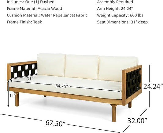 Merax Outdoor 3 Seater Daybed, Acacia Wood Patio Day Bed Couch Sofa with Cushions & Stylish Rope Weave Armrest, 67.5" L Outdoor Seating for Gardern Deck Porch Balcony, Beige
