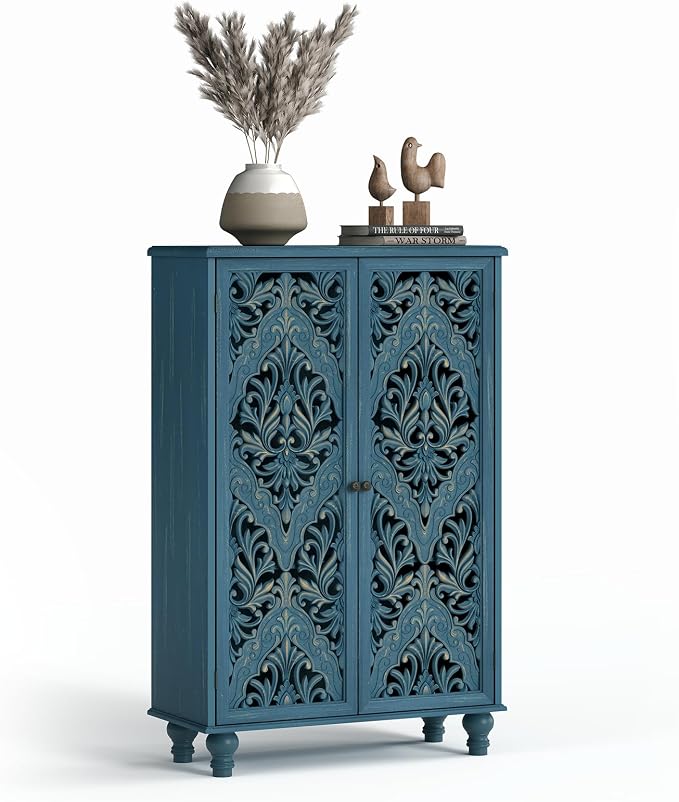 JOINICE 47" Tall Accent Cabinet with Carved Doors & Storage for Living Room,Blue Cabinet with Solid Wood Legs & 100lbs Capacity, Farmhouse/Rustic Style for Dining Room, Bedroom, Hallway, Home Office