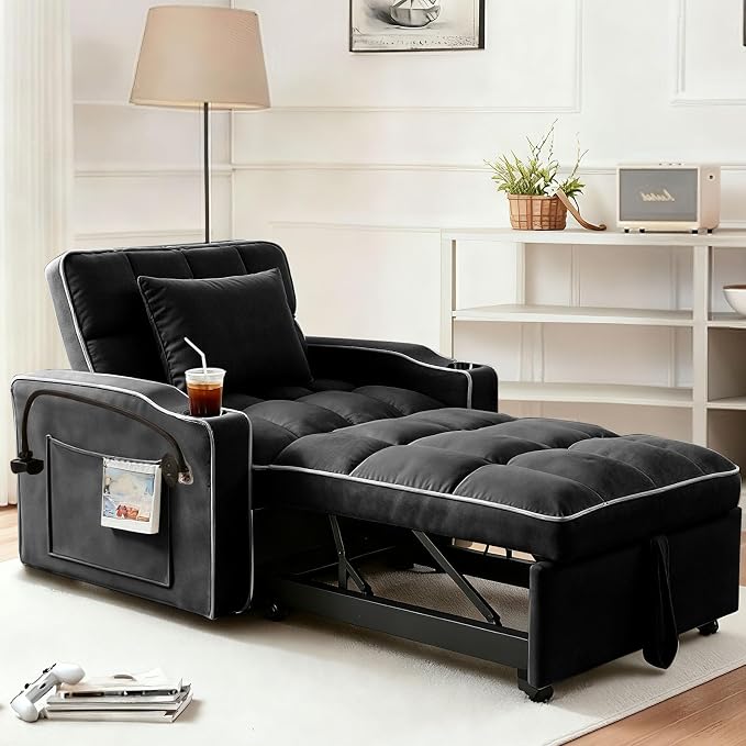4 in 1 Sleeper Chair, Velvet Pull Out Chair Sleeper with Bracket and Cup Holder, Chairs Bed Sleepers with USB Port for Adults, Sofa Bed Chairs for Small Spaces, Living Room, Black
