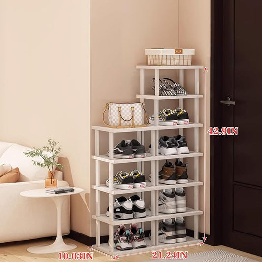 Bamboo Shoe Rack 12 Tier- Vertical Shoe Rack for Small Spaces, Tall Narrow Shoe Rack Organizer for Closet Entryway Corner Garage and Bedroom,Skinny Shoe Shelf with Free Stackable DIY White Storage