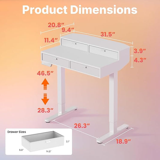 HUANUO 32 X 20 inch Electric Standing Desk with 4 Drawers, Adjustable Height Sit Stand Home Office Desk, C-Clamp Mount Compatible, Ergonomic Stand up Desk with 4 Preset Heights, White