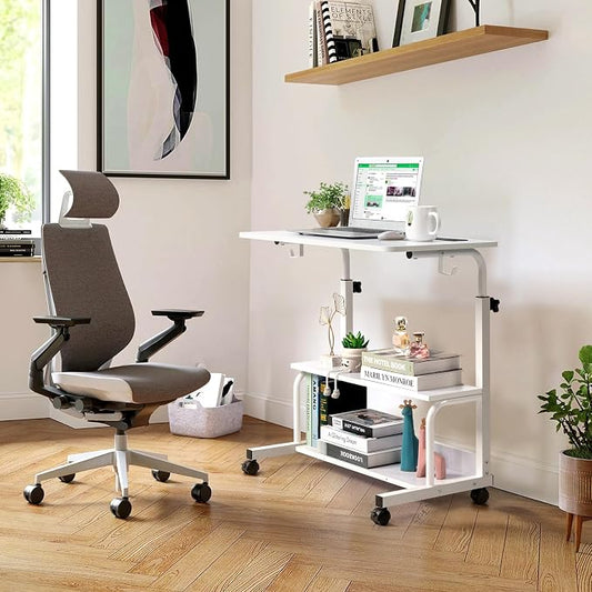 Karl home 31.5" Portable Rolling Desk on Wheels,Height Adjustable Standing Desk with 2 AC Outlets/3 USB Ports,Mobile Laptop Table with Hooks and Storage Shelves for Home Office,White