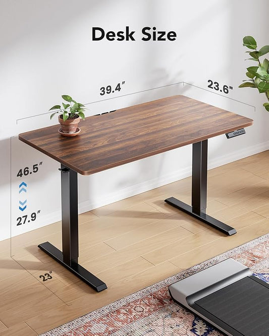 HUANUO Electric Standing Desk Adjustable Height, 4 Memory Height Settings, 40" x 24" Sit Stand Up Desk for Home Office & Computer Workstation, with Headphone Hook, Cable Manager, Walnut