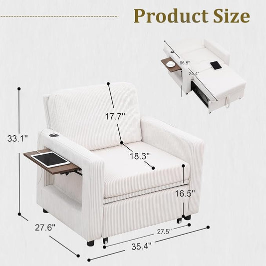 3 in 1 Folding Convertible Sleeper Sofa Bed Pull Out Couch with Side Pockets USB Port Side Table Single Sofa Bed with Adjustable Backrest for Living Room Bedroom 66" Beige 1 SEAT