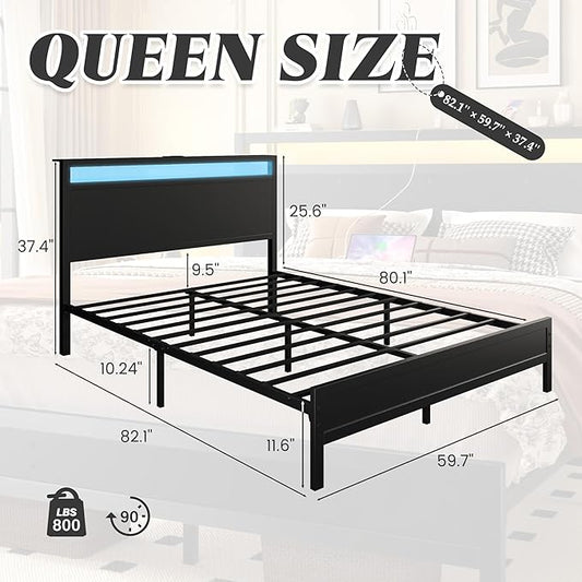 Fluest Queen Bed Frame with Headboard & Footboard, Bed Frame with Built-in Charging Station & LED Light, Storage Shelf, Noise-Free, No Box Spring Needed, Easy Assembly, Classic Black