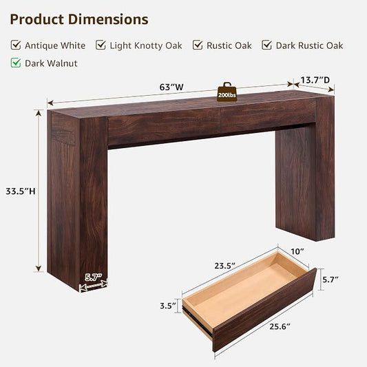 OKD Modern Entryway Console Table, Sofa Table with Drawers, 63" Long Hall Table Behind Couch, Thick Wood Design for Living Room, Hallway - Dark Walnut