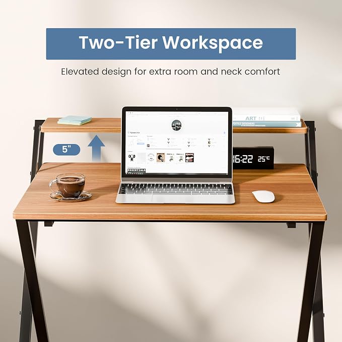 DUMOS Small Folding Desk with Shelf, No-Assembly Foldable Computer Desk for Tight Spaces, Portable Table for Bedroom, Home Office, Dorm or Apartment, Brown