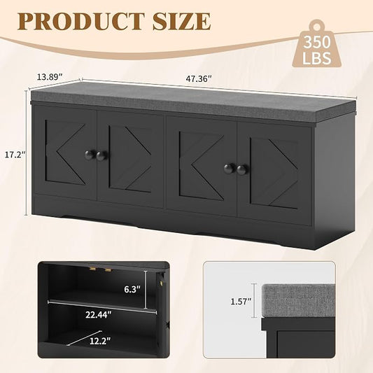 Apicizon Storage Bench with Seat Cushion, 2 Tier Entryway Bench with 4 Barn Doors, Adjustable Shelves, 47.36" Shoe Bench for Entryway Hallway Bedroom Living Room, Black