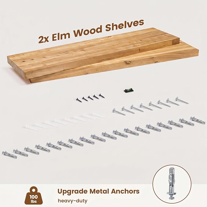 Venusmiles Elm Floating Shelves for Wall Decor, Rustic Solid Wood Shevles Wall Mounted with Invisible Bracket for Living Room Bathroom Bedroom Kitchen, 30 Inch Set of 2, Natural