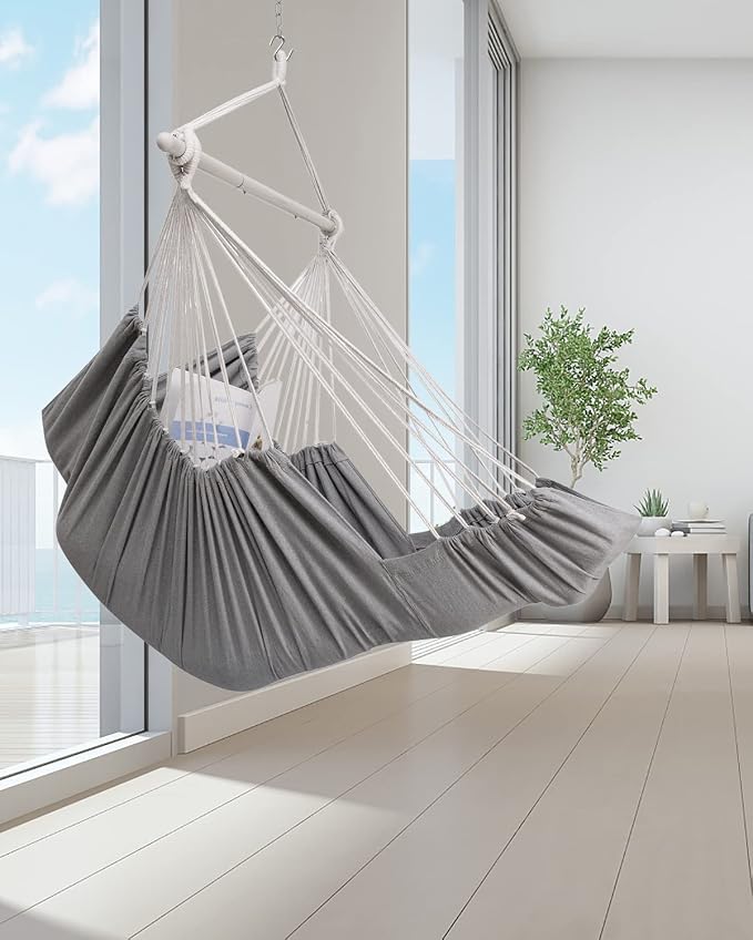 ADVOKAIR Hanging Hammock Chair Large Swing Chair with Foot Rest and Hardware,Max 500lbs,Steel Spread Bar with Anti Slips, 2 Cushions and Side Pocket,Indoor/Outdoor Use…