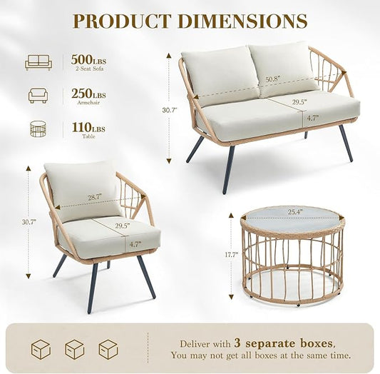 Patio Sofa, PE Rattan Wicker Loveseat, 2 Seater Outdoor Couch with 4.7" Thick Cushions, Outdoor Furniture for Garden Balcony Deck Porch or Backyard, Beige