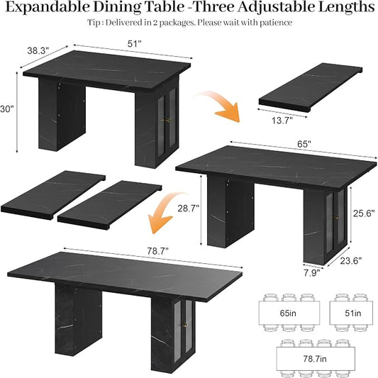 51"-78" Extendable Dining Table for 4-8, Black Faux Marble Kitchen Table | Modern Dining Room Table with Hidden Storage, Rectangle Dinner Tables for Dining Room Kitchen Living Room (Black Marble)