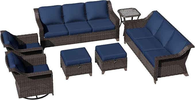 7 Pieces Patio Conversation Furniture Set - 2 Sofas, 2 Ottomans, 2 Swivel Chairs, 1 Side Table, Outdoor Wicker Furniture with Removable Cushions for Porch, Balcony, Sunroom (Blue)