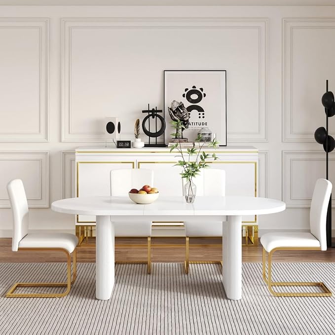 homary Extendable Oval Dining Table 63"-79", Japandi Style Kitchen Table for 4-6 People, Double Pedestal Base, Space-Saving Design for Family Gatherings, Holiday Dinners (Table Only)