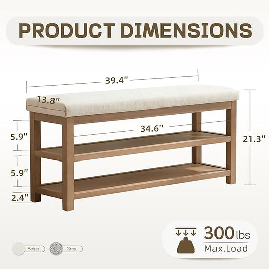 Zihanhome 2 Tier Shoe Rack Bench with Cushion, Solid Wood Shoe Benches, Mid-Century Modern Shoe Storage Bench for Entryway, Hallway, Living Room, Closet, Front Door Entrance, (Beige, 39.4")