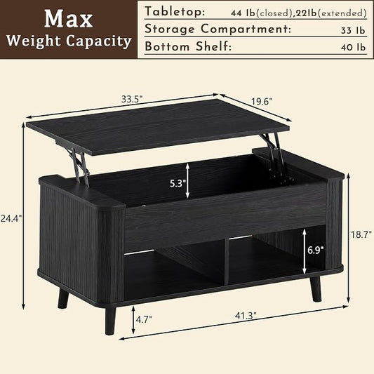 HUAHUU 41.3" Lift Top Coffee Table, Modern Coffee Table with Storage, Fluted Coffee Tables with Lift Tabletop, Hidden Storage Compartment & Lower Shelf for Living Room, Home Office, Black