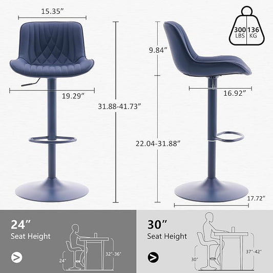 YOUTASTE Bar Stools Set of 2, Adjustable Swivel Counter Height Barstools with Back, All Navy Blue Faux Leather Upholstered Bar Chairs with Metal Base, Stools for Kitchen Island or Home Bar