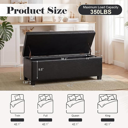 Asense Storage Ottoman Bench,42 inch Wide Upholstered Faux Leather Rectangular Ottoman with Legs,Safety Hinge Storage Bench for Living Room,Bedroom,Entryway