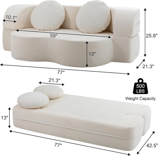 Vongrasig 77” Convertible Sofa Bed, Folding Boneless Couch, Floor Sofa 2-in-1 Curved Couch for Small Living Room, Apartment, Guest Room, White