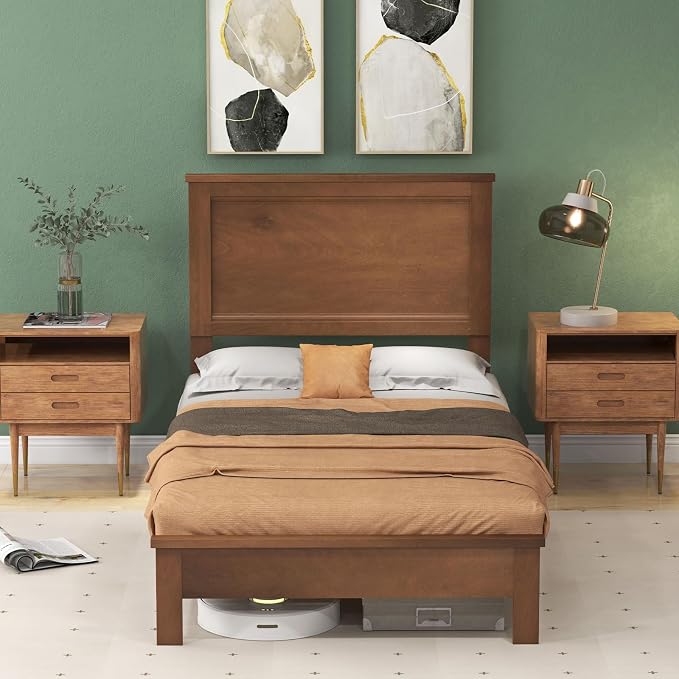 Giantex Wood Twin Bed Frames with Headboard, Mid Century Platform Bed Frame with Solid Wood Legs & Wooden Slat Support, Twin Bed Frames for Kids Adults, Walnut Bed