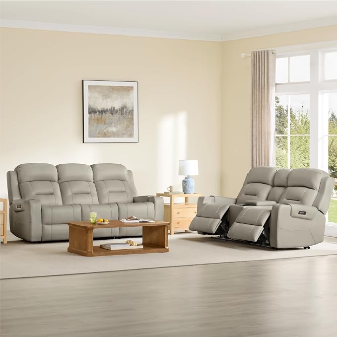 Watson & Whitely Genuine Leather Power Loveseat Recliner Sofa, Lay Flat Reclining Sofa with Console, Power Headrest, Cup Holders & Wireless Charging, Dual Recliner for Living Room, Grey