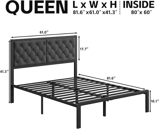 Fluest Queen Bed Frame with Headboard Linen Upholstered Bed Frame Platform,All Metal Slats Support Platform Bed Frame with Storage Space,Easy Assembly,Noise Free,No Box Spring Needed,Grey
