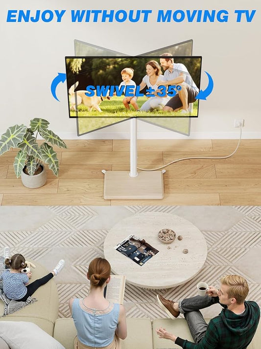 Rfiver Swivel Floor TV Stand with Power Outlet for 32-65 inch TVs, Height Adjustable Tall TV Stand with Wood Base, Hold Up to 88lbs, Saving Space Design for Bedroom, Living Room and Corner (White)