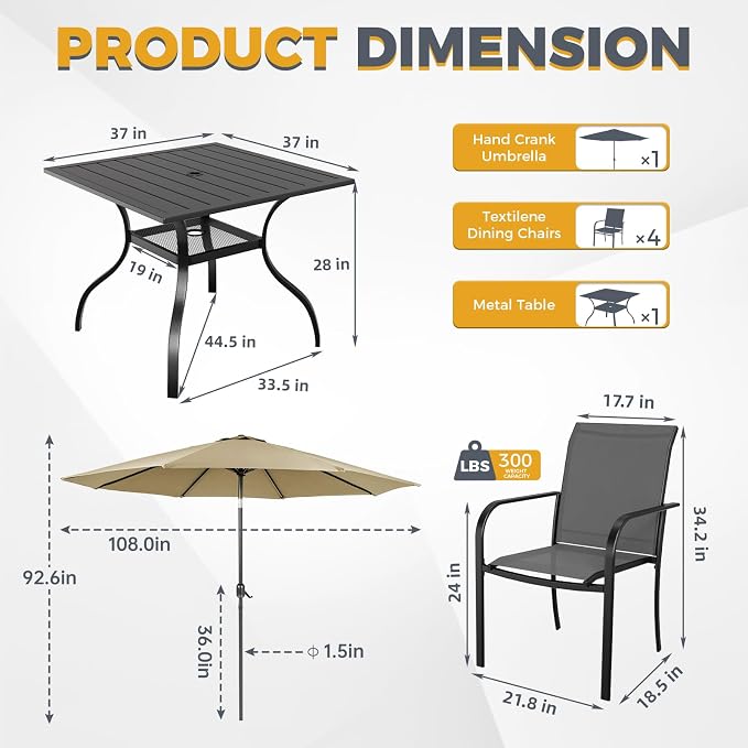 SUNCROWN 6 - Piece Outdoor Dining Set, Patio Furniture Set with 4 Textilene Dinning Chairs, 1 Steel Slat Metal Bistro Table and 1 Brown 9Ft Patio Umbrella for Lawn Garden Backyard Deck, Grey