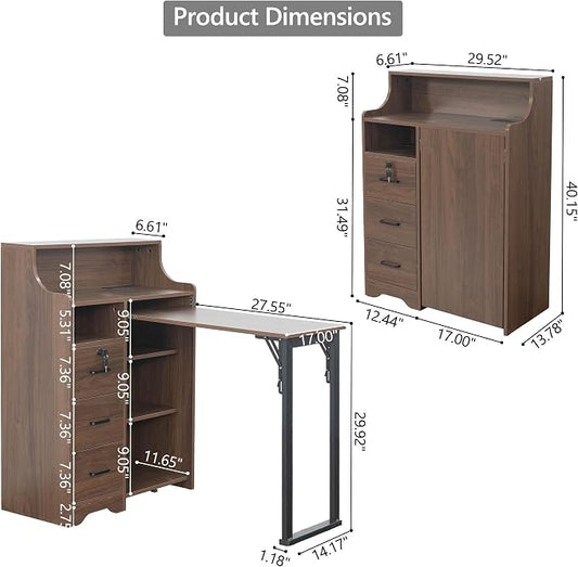 Fold Out Desk with Storage, Hidden Desk with Lockable Drawers & Shelves, Built-in Power Outlet,Folding Desk for Study and Home Office (Walnut)