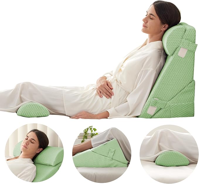 Adjustable 4pcs Bed Wedge Pillow Set, Memory Foam Wedges Pillow Post Surgery for Back, Neck, Leg Pain Relief, Pillows Wedge for Sleeping, Sitting up in Bed, Acid Reflux and GERD, Green
